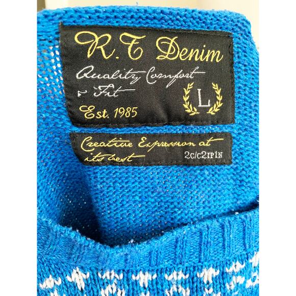 Vintage R.T Denim Nordic Sweater Blue Pullover Crew Neck Long Sleeve Cozy Size L - Picture 4 of 5